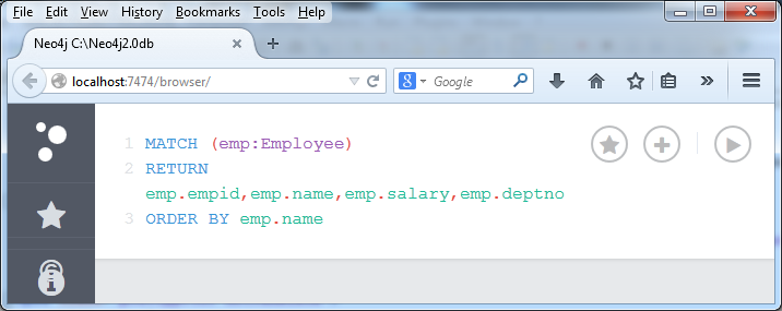 MATCH (emp:Employee) RETURN emp.empid,emp.name,emp.salary,emp.deptno ORDER BY emp.name