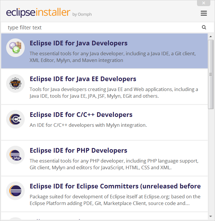 Eclipse软件包的屏幕快照。