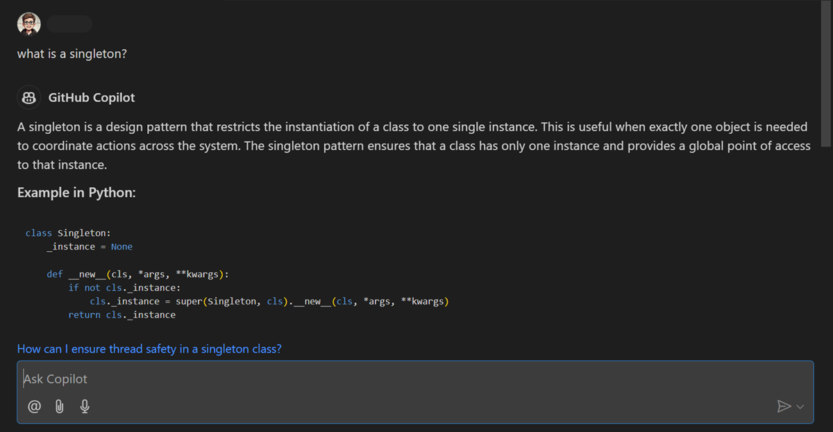 Copilot Chat answering what a singleton is