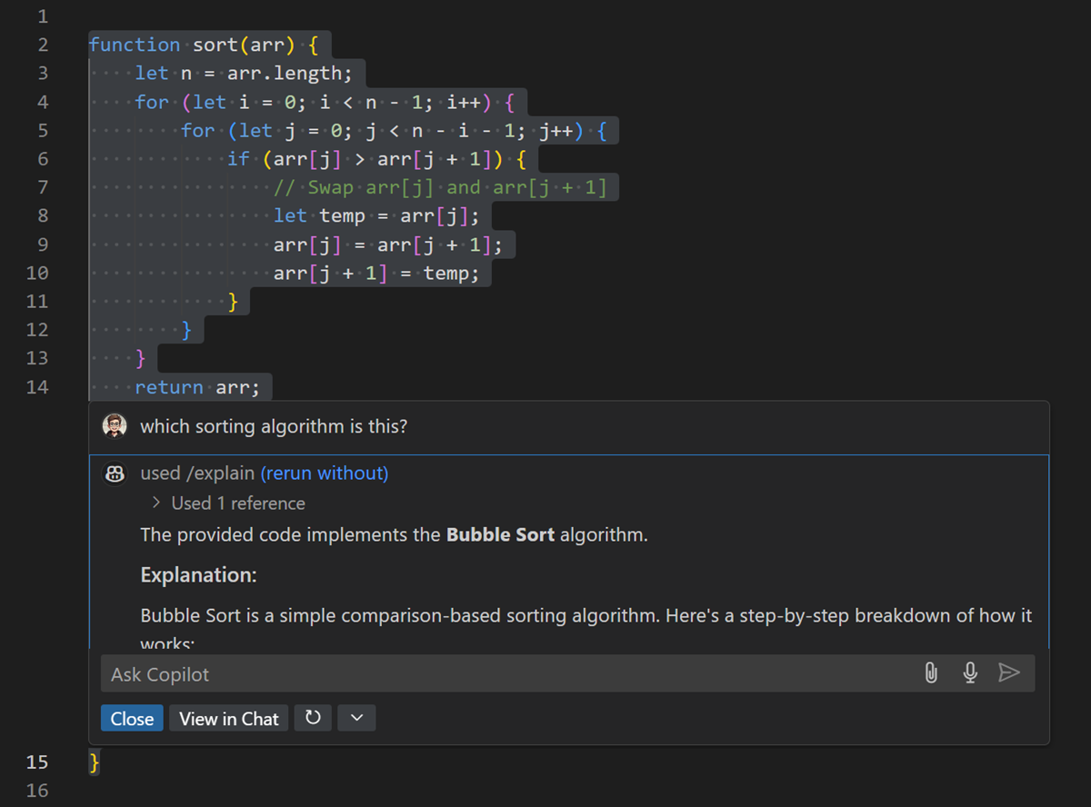 Inline chat explaining which sorting algorithm is used in the selected text