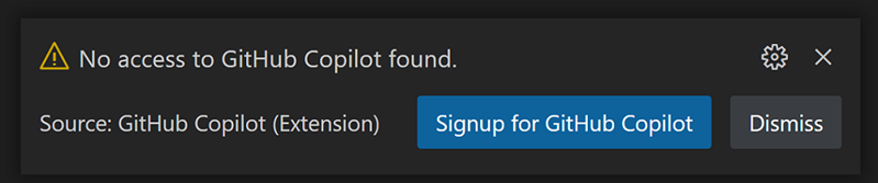 Copilot sign up notification in VS Code