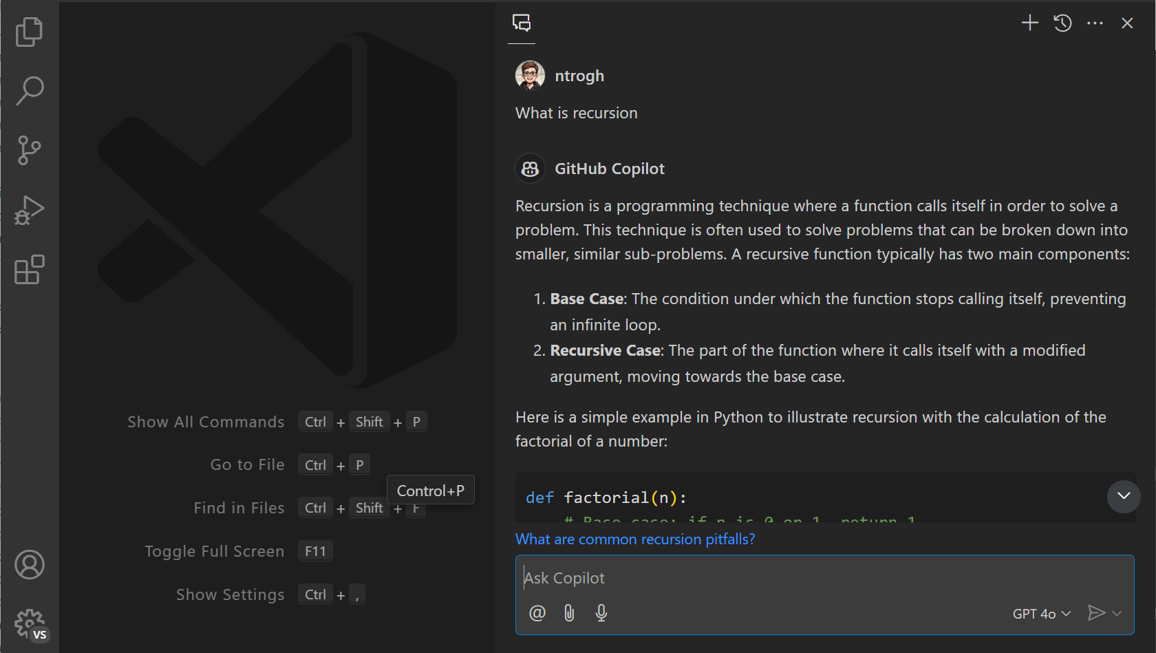 Screenshot of VS Code editor, showing the Copilot Chat view containing the answer to what recursion is. The result contains both text and a code block.