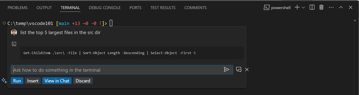 Screenshot showing that you can ask complex questions like "list the top 5 largest files in the src dir"