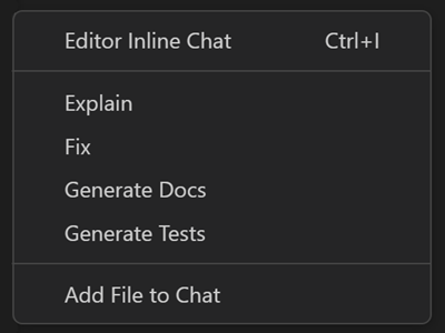 Editor context menu with the Copilot menu group expanded