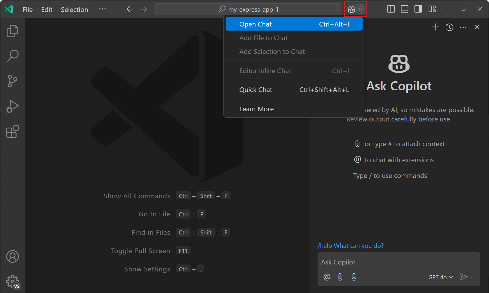 Screenshot of VS Code editor, showing the Copilot Chat view, highlighting the chat menu in the Command Center.