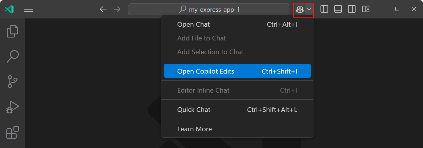 Screenshot showing the Copilot menu in the Command Center, highlighting the Open Edit Session item