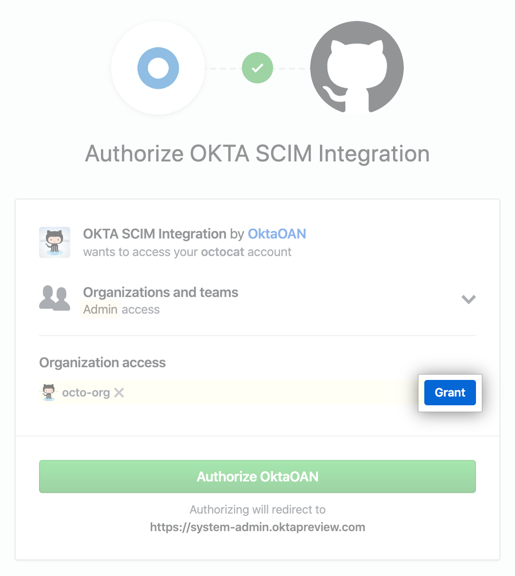 用于授权 Okta SCIM 集成访问组织的