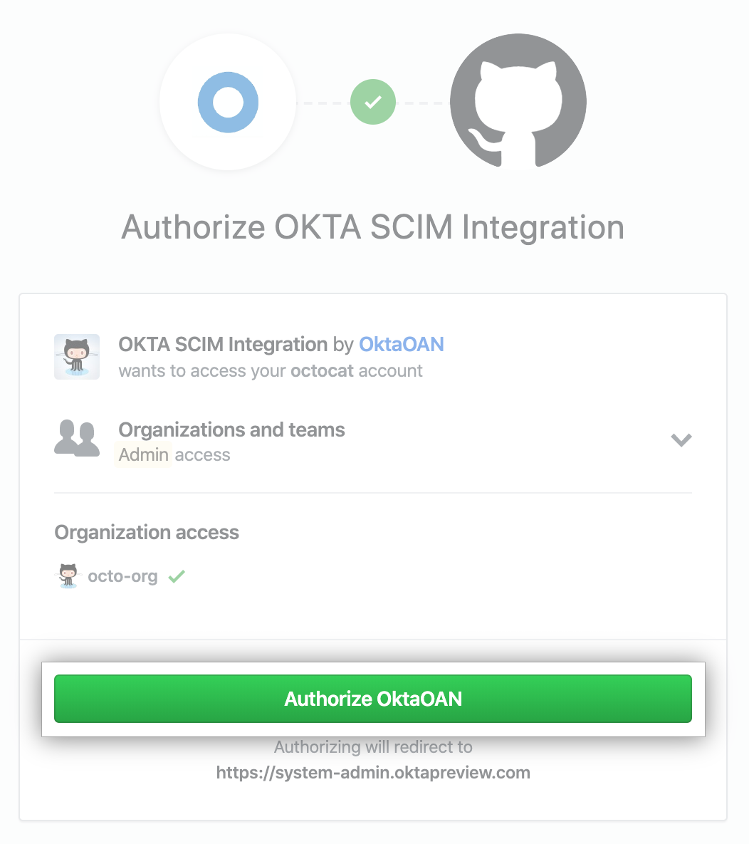 用于授权 Okta SCIM 集成访问组织的