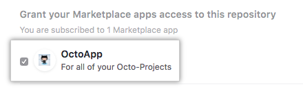 帐户中来自 GitHub Marketplace 的 GitHub 应用程序 列表和授予权限选项