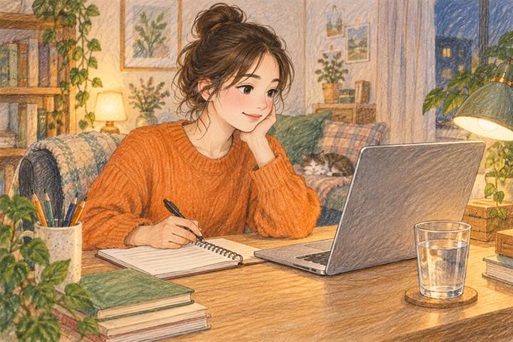 开始学习:橙色毛衣的女性坐在书桌前