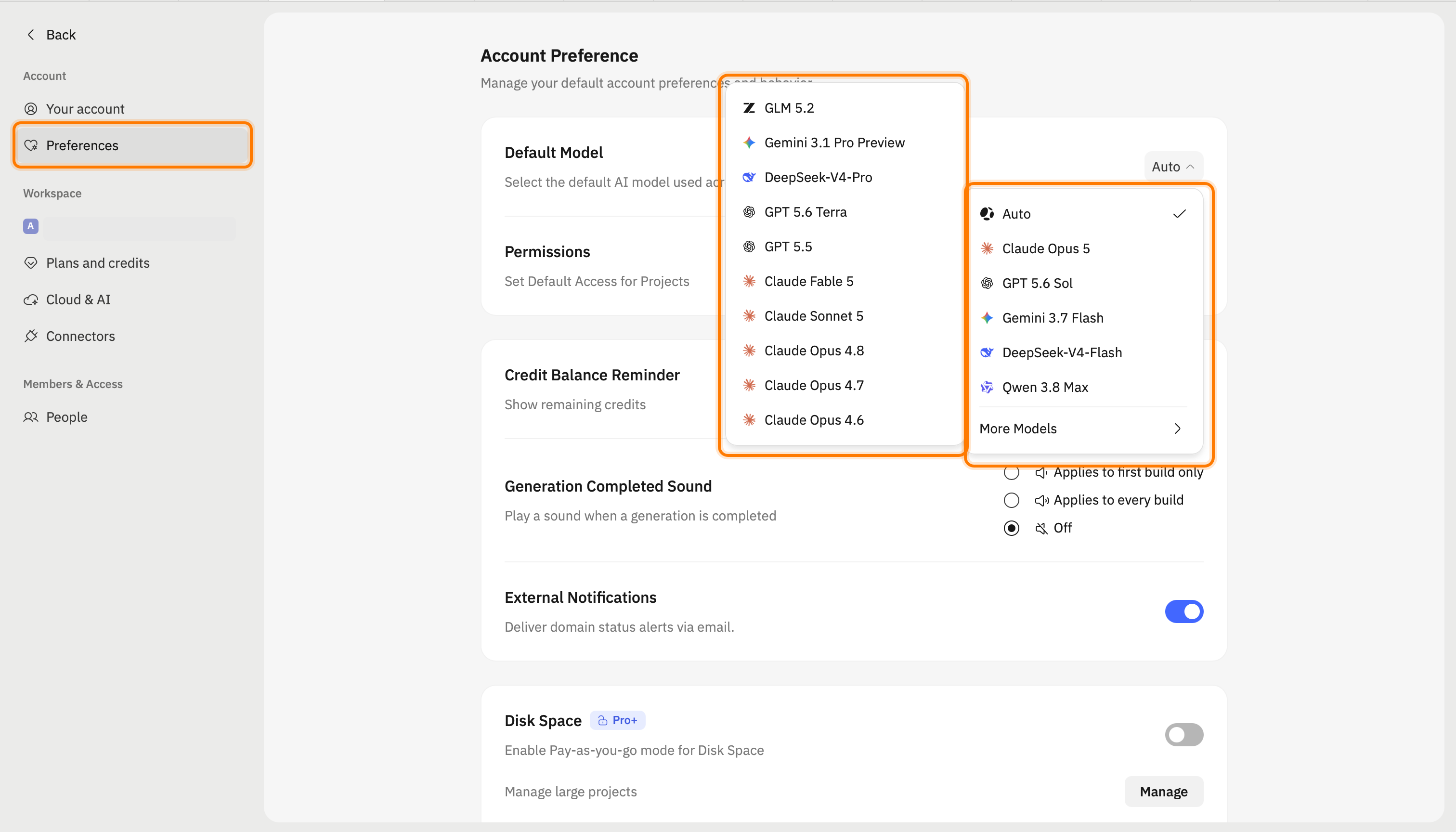 打开账户 Preferences,然后选择一个 Default Model