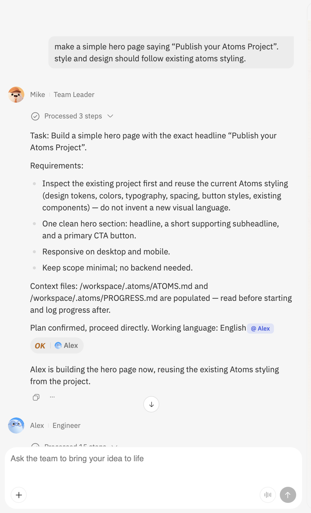Mike 在项目聊天中将落地页构建任务分配给 Alex。