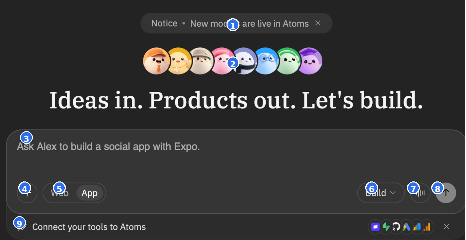 带有九个编号控件的 Atoms 主页输入区域。