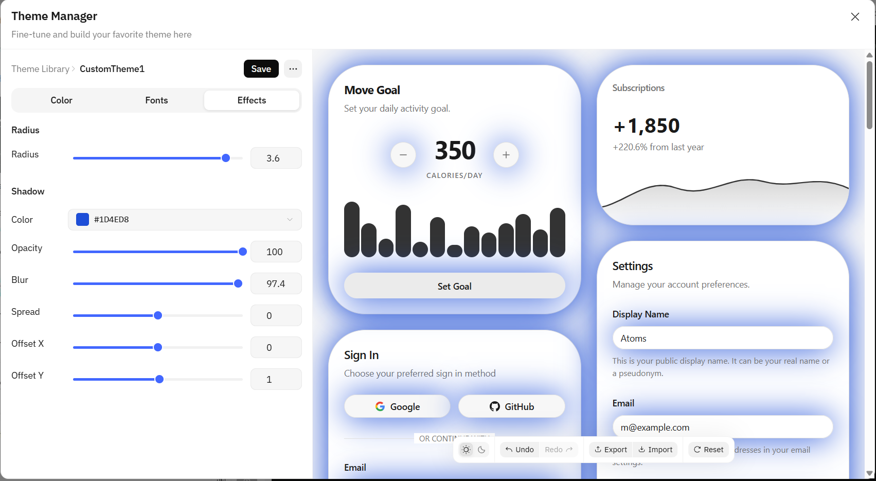 Theme Manager 显示 Effects 控件和实时组件预览。