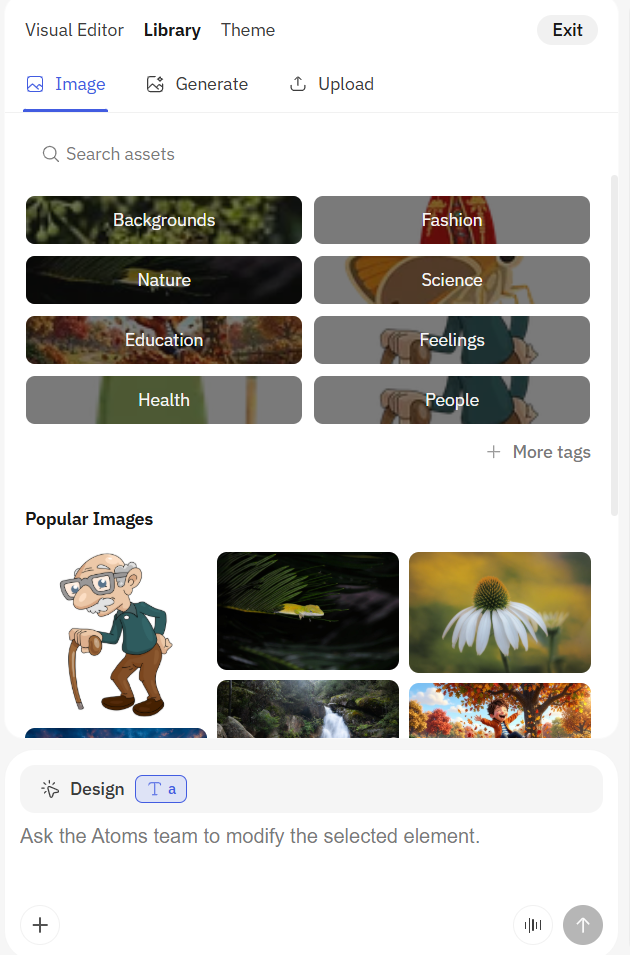 Library 标签页,显示图片分类和 Popular Images。