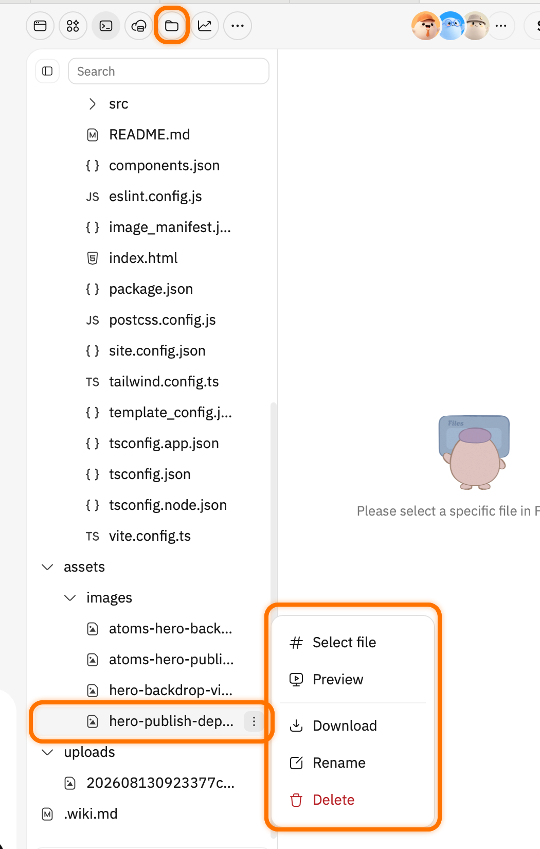 在 Editor 中打开文件的 More actions 菜单,然后选择 Download。