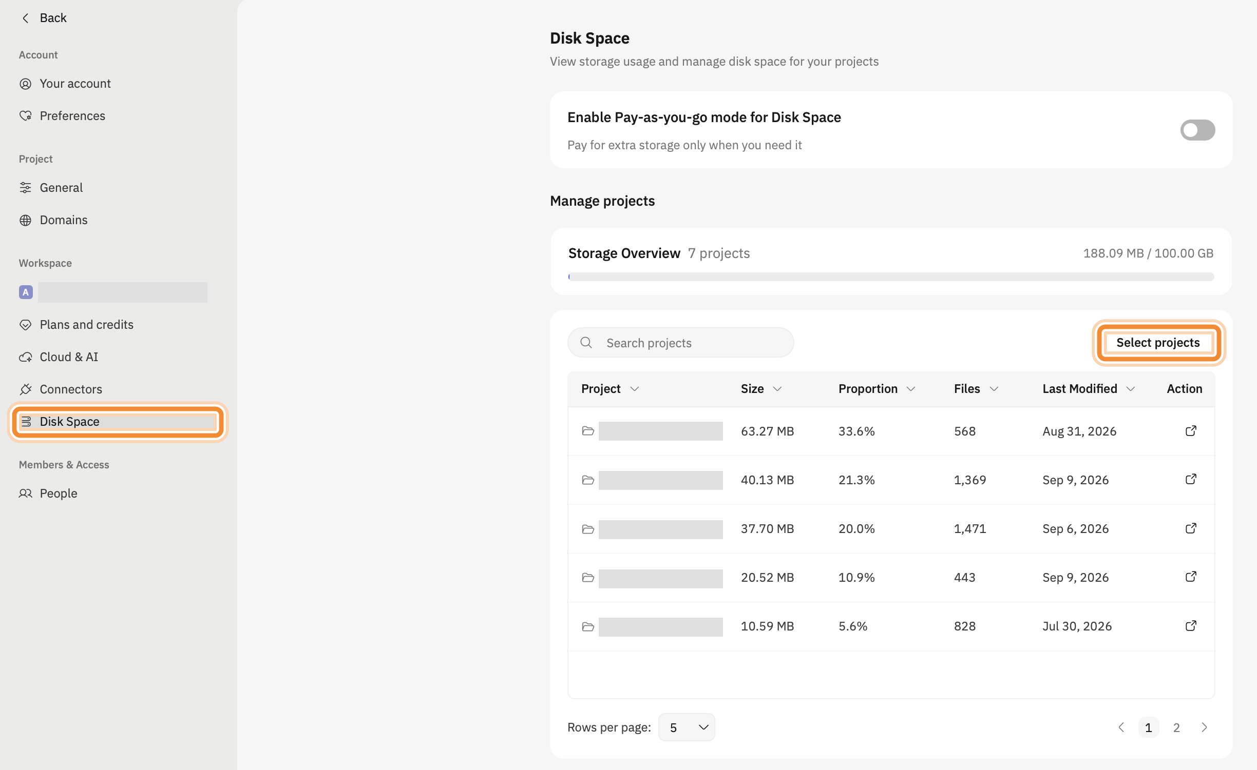 Disk Space: storage overview and Select projects.