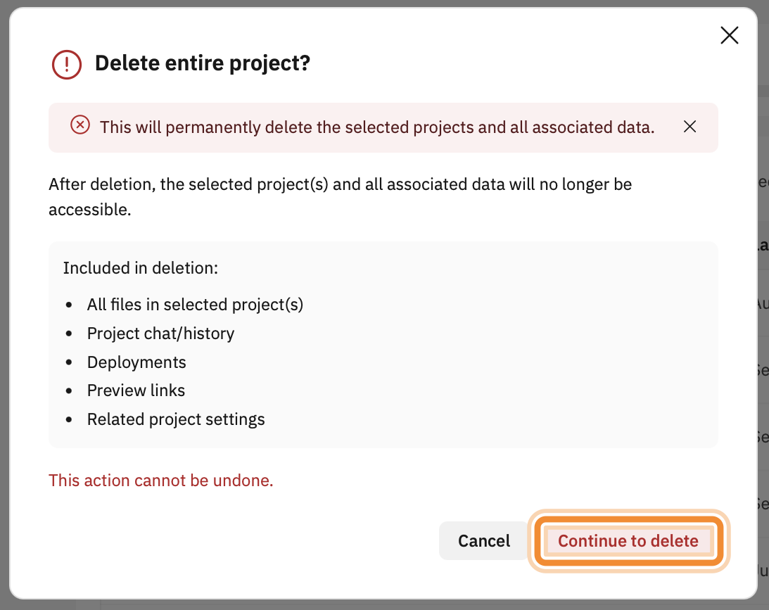 Delete entire project? Review the warning before continuing.