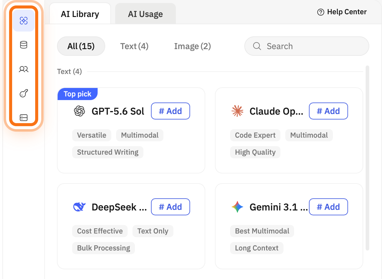 使用 Atoms 云侧边栏打开 AI、数据库、用户、密钥和 App 存储。