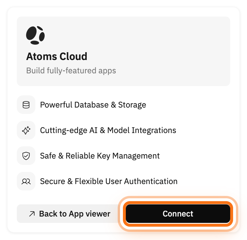 选择 Connect 以为项目启用 Atoms 云。