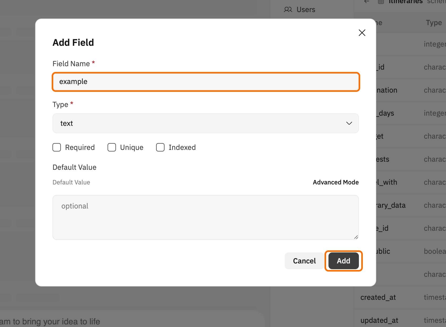 在 Add Field 中输入新字段的详细信息。