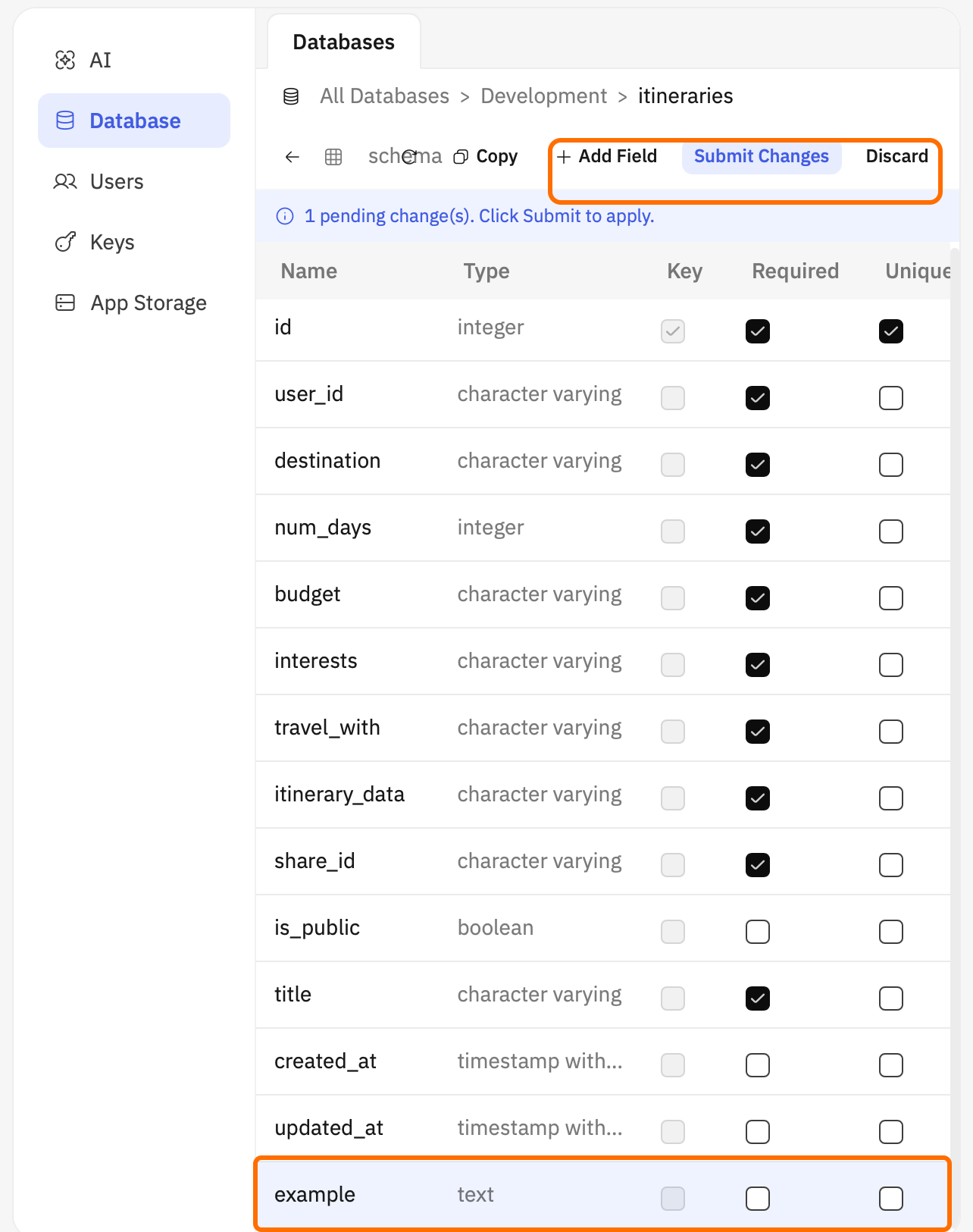 在选择 Submit Changes 之前查看待处理的 schema 更改。