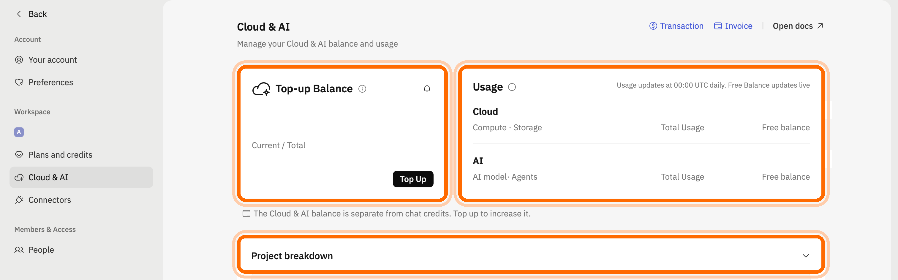 Cloud & AI overview: Top-up Balance, Usage, Transactions, Invoice, and Project breakdown