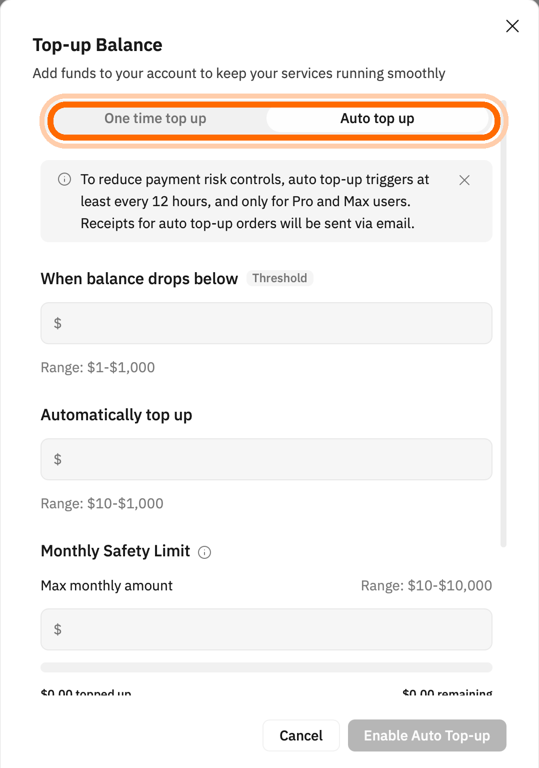 Top-up Balance dialog: One-time Top-up, Auto Top-up, threshold, monthly safety limit, and payment controls