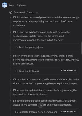 Alex 展开的活动卡片显示了带说明的步骤和工具操作。