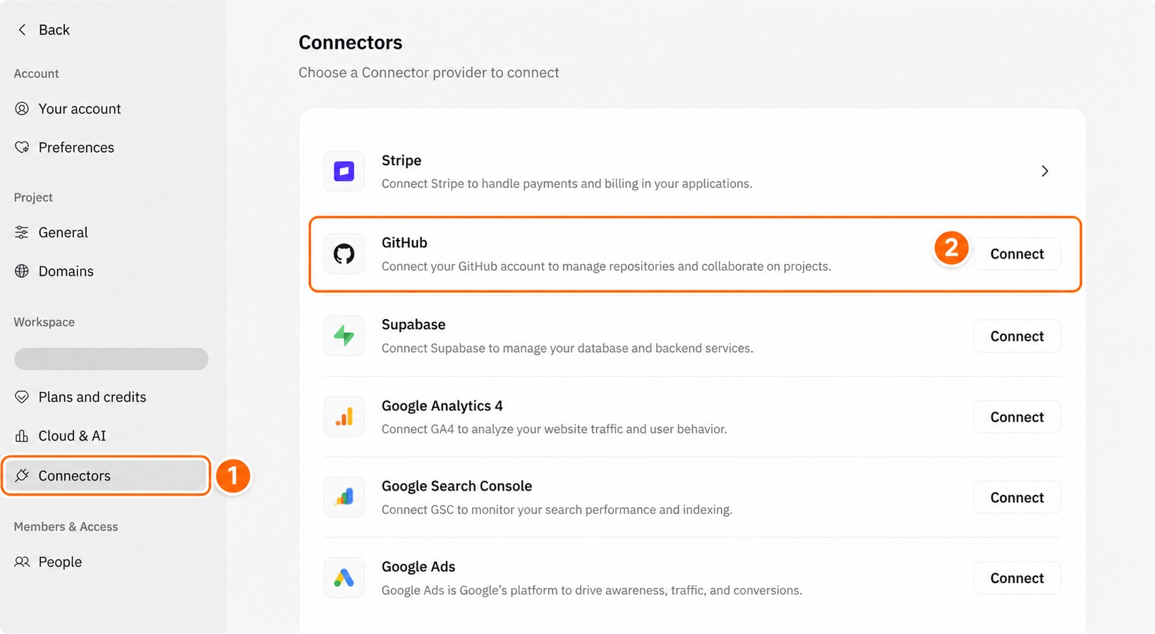 打开 Settings → Connectors,并为 GitHub 选择 Connect。