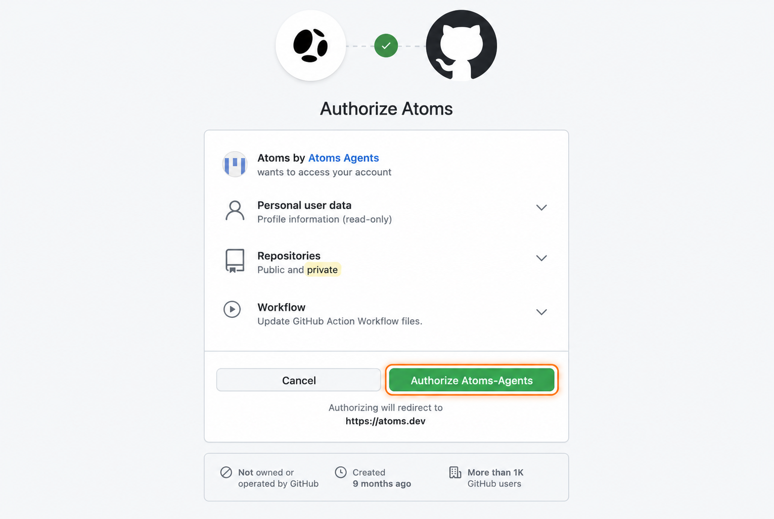 查看 GitHub 权限并选择 Authorize Atoms-Agents。