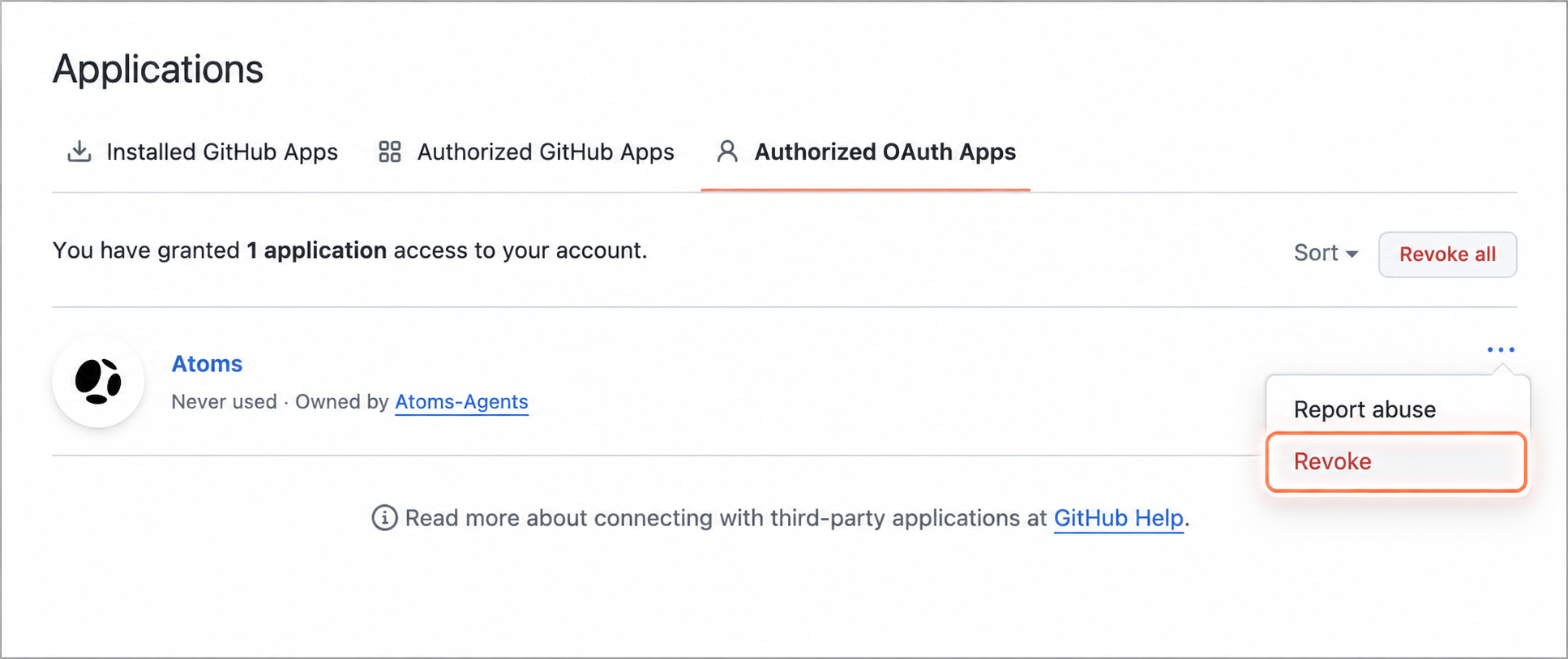仅在 GitHub 中撤销 Atoms OAuth 应用。