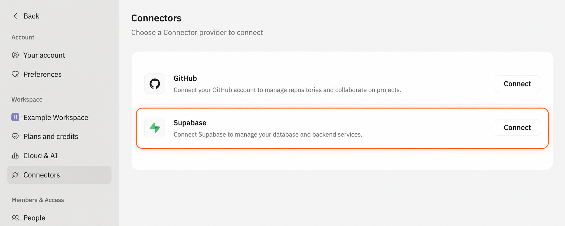 打开 Settings → Connectors,并为 Supabase 选择 Connect。