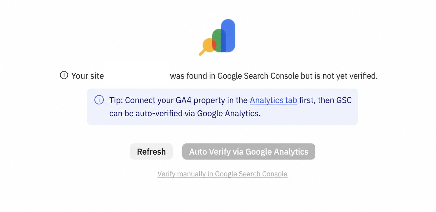 先连接 GA4 以进行自动验证，或手动验证站点