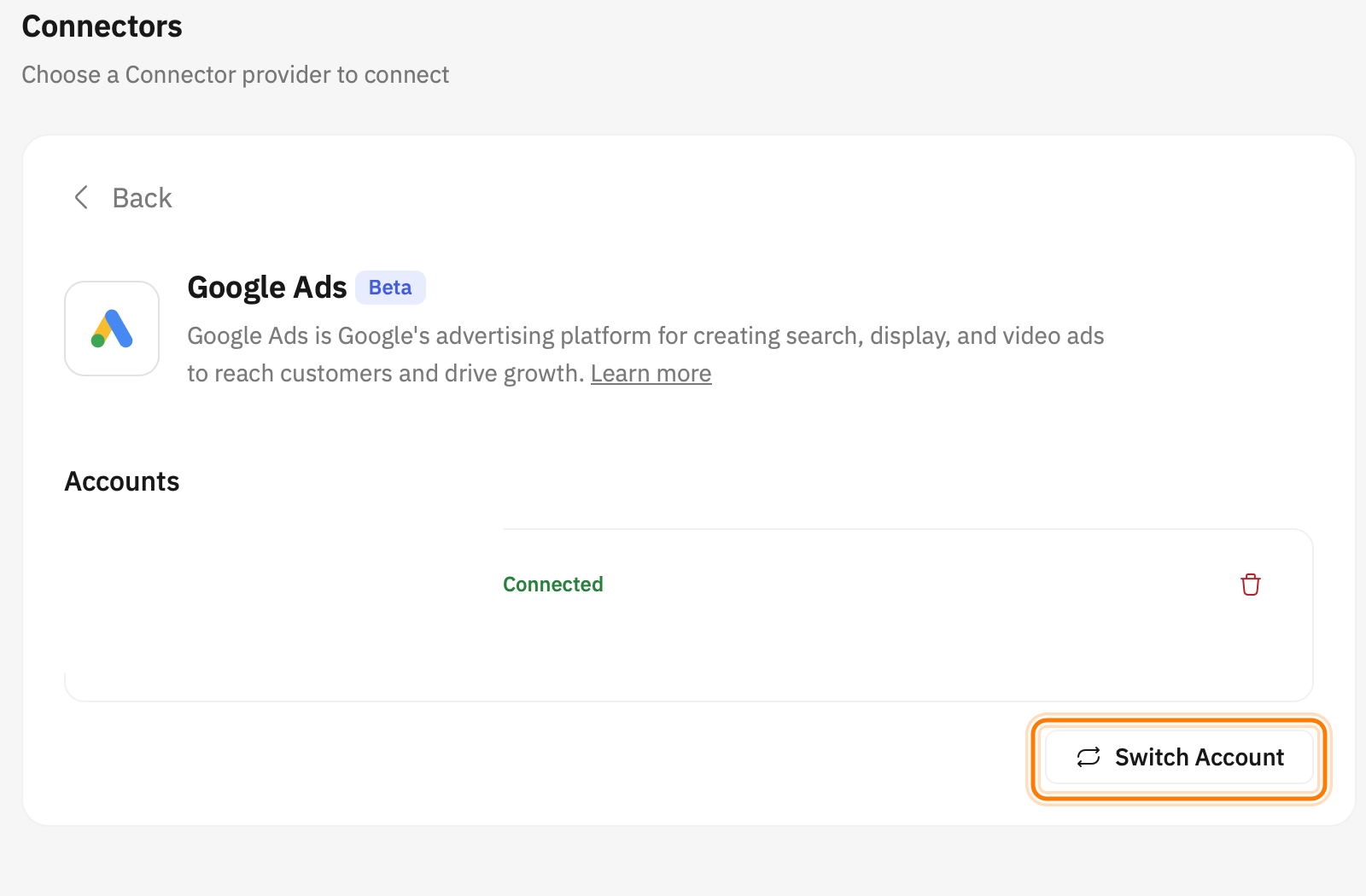 为已连接的 Google Ads 账户打开“Switch Account”