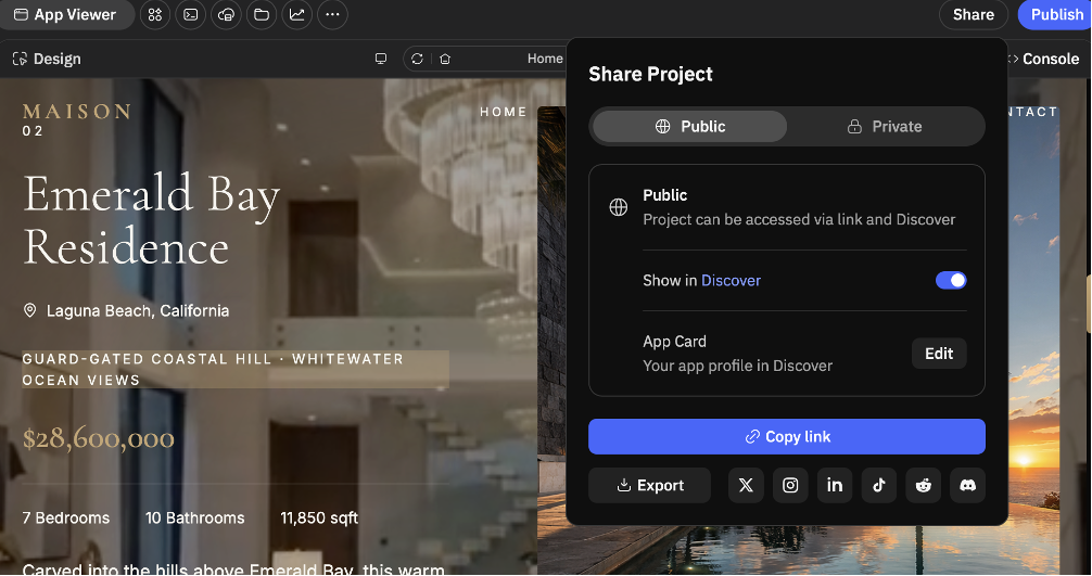 已选择 Public 的 Share Project 面板,包含 Show in Discover、Edit App Card 和 Copy link。