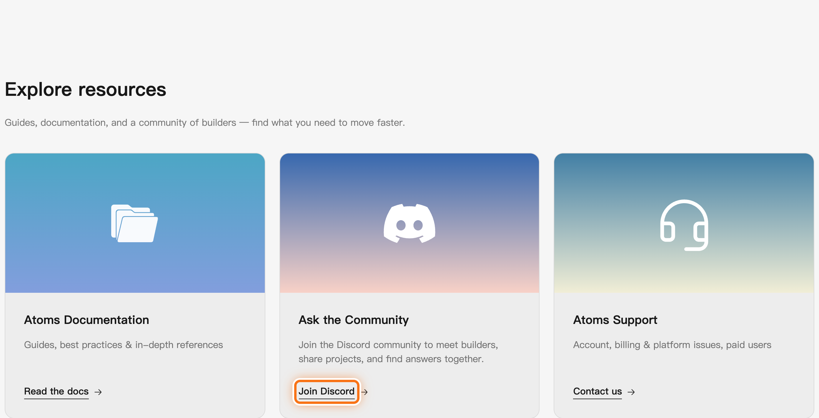 在“向社区提问”下打开 Join Discord。