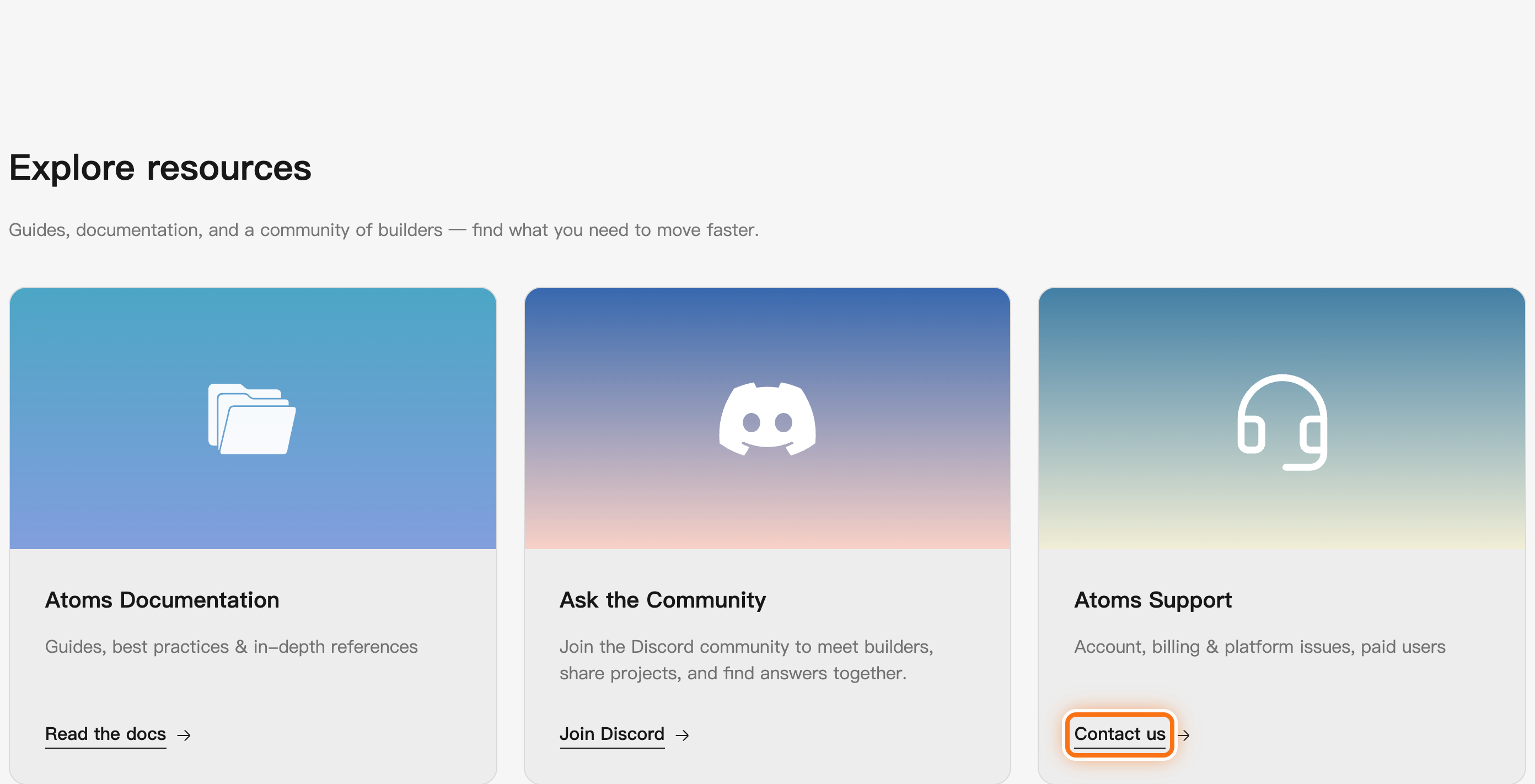 从 Explore resources 打开 Atoms 支持。