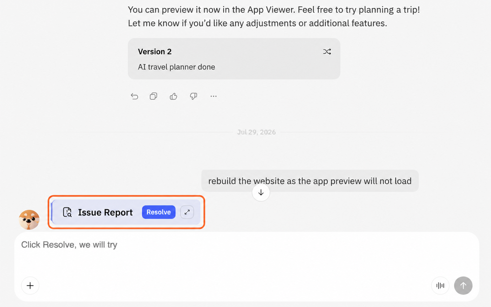 项目 Chat 中的问题报告和 Resolve。